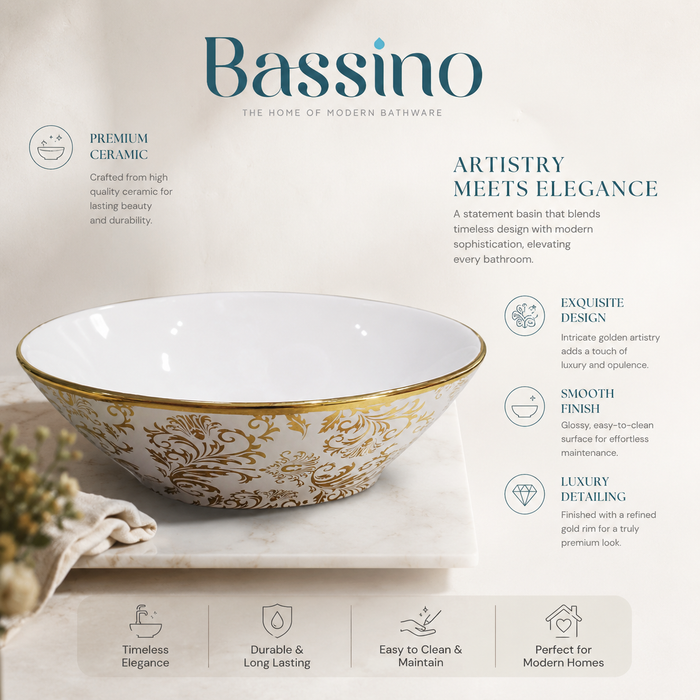 Bassino White & Gold Decorative Round Countertop Wash Basin