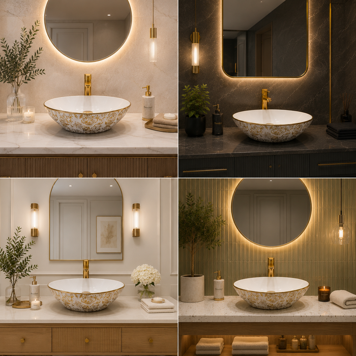 Bassino White & Gold Decorative Round Countertop Wash Basin