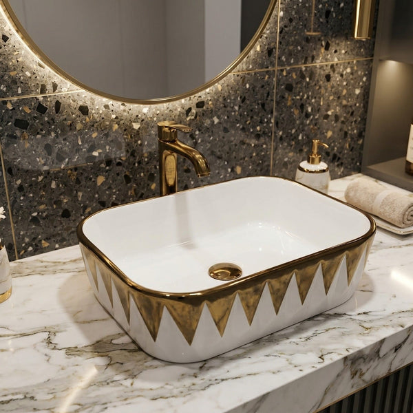 Bassino White & Gold Geometric Countertop Wash Basin – Designer Rectangular Vessel Sink (18" x 13" x 6")