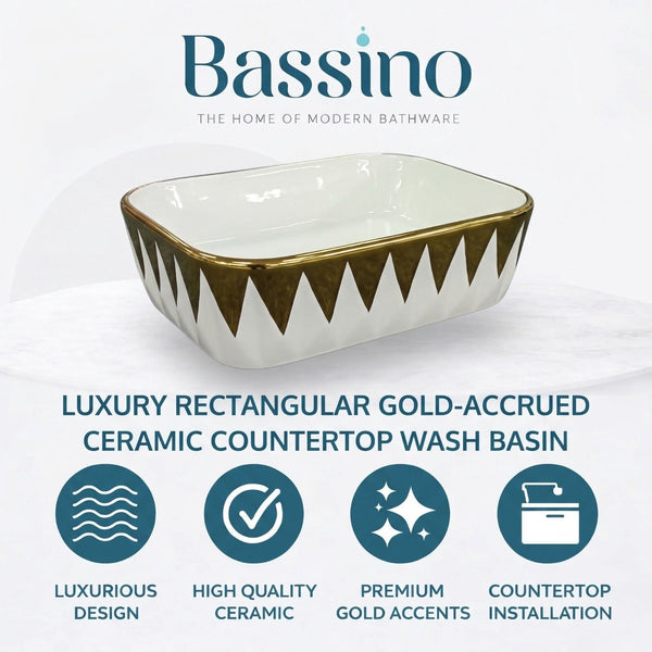 Bassino White & Gold Geometric Countertop Wash Basin – Designer Rectangular Vessel Sink (18" x 13" x 6")