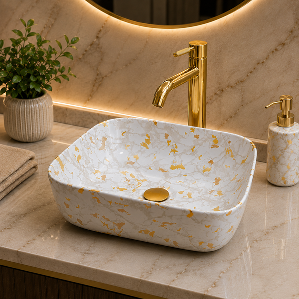 Bassino White & Gold Marble Countertop Wash Basin – Premium Ceramic Vessel Sink (15.7" x 11.8" x 5.5")