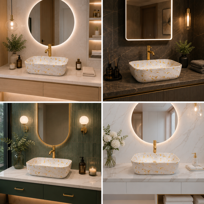 Bassino White & Gold Marble Countertop Wash Basin 