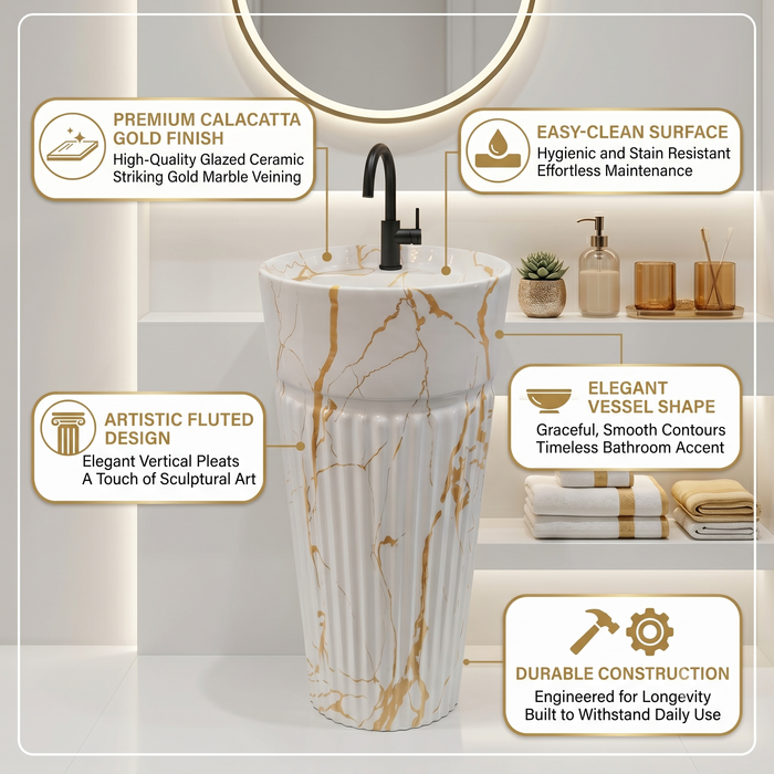 Bassino White & Gold Marble Effect Pedestal Basin 