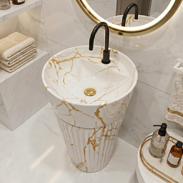 Bassino White & Gold Marble Effect Pedestal Basin 