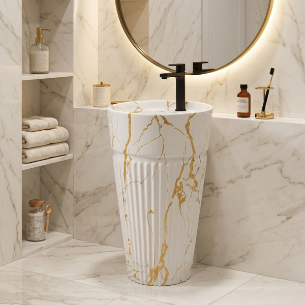 Bassino White & Gold Marble Effect Pedestal Basin – Luxury Freestanding Wash Basin (17.3" x 33.1")