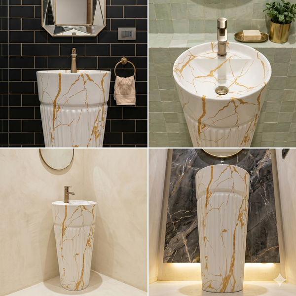 Bassino White & Gold Marble Effect Pedestal Basin – Luxury Freestanding Wash Basin (17.3" x 33.1")