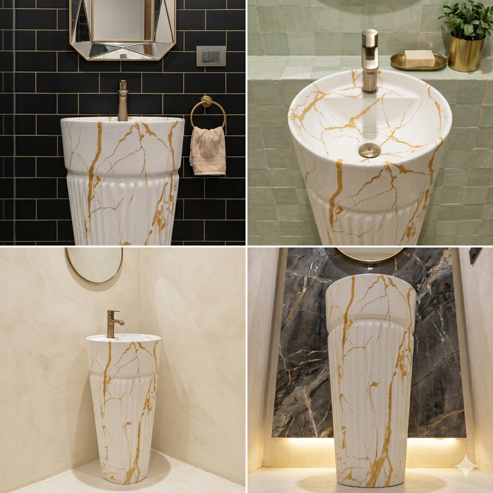 Bassino White & Gold Marble Effect Pedestal Basin 