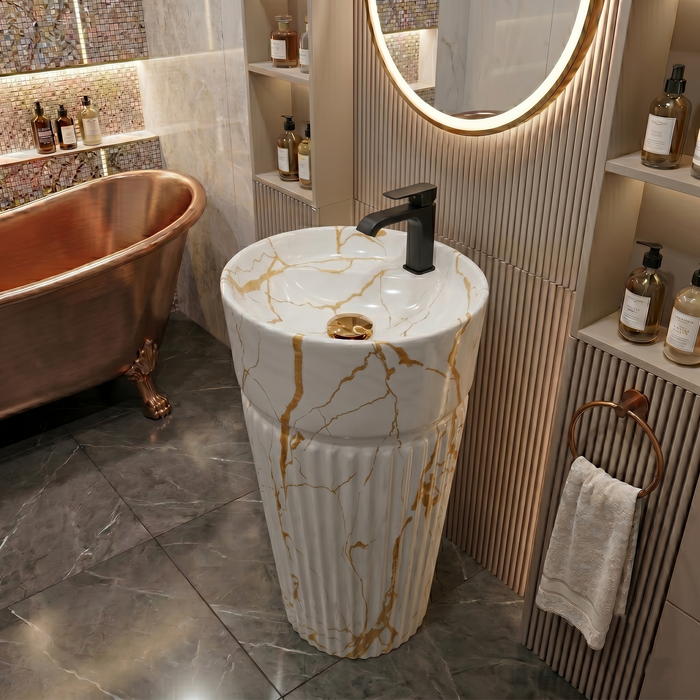 Bassino White & Gold Marble Effect Pedestal Basin 