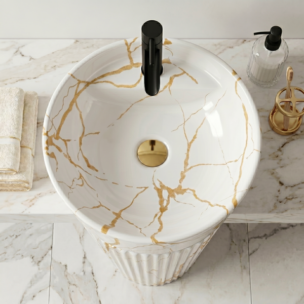 Bassino White & Gold Marble Effect Pedestal Basin – Luxury Freestanding Wash Basin (17.3" x 33.1")