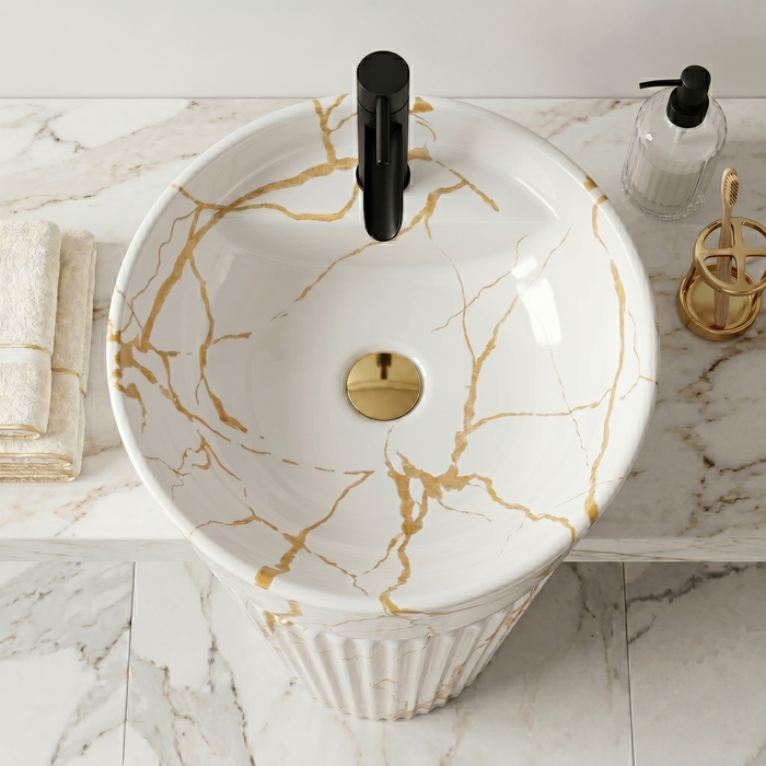 Bassino White & Gold Marble Effect Pedestal Basin 