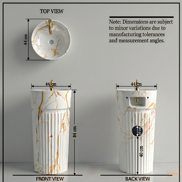 Bassino White & Gold Marble Effect Pedestal Basin – Luxury Freestanding Wash Basin (17.3" x 33.1")