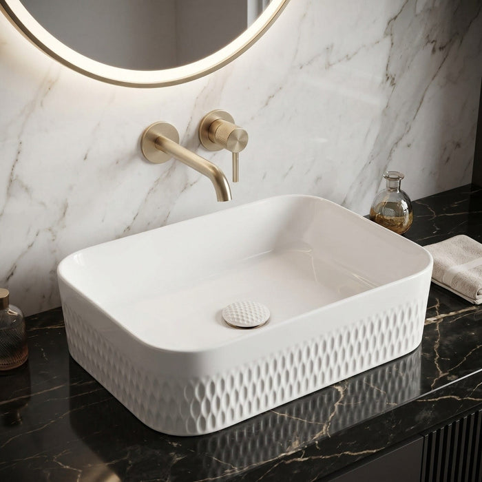 Bassino White Textured Rectangular Countertop Wash Basin 
