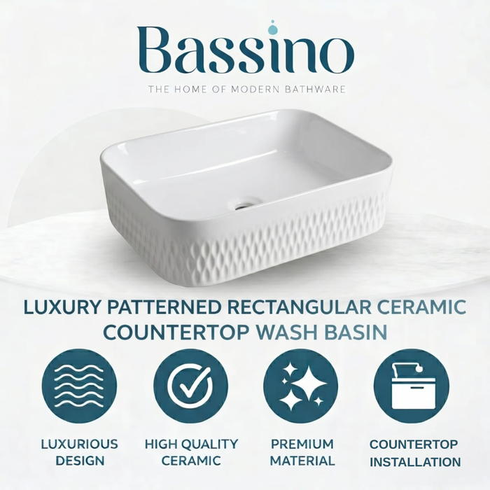 Bassino White Textured Rectangular Countertop Wash Basin 