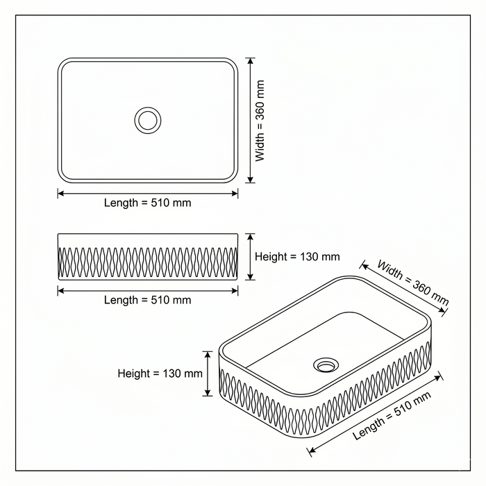 Bassino White Textured Rectangular Countertop Wash Basin 