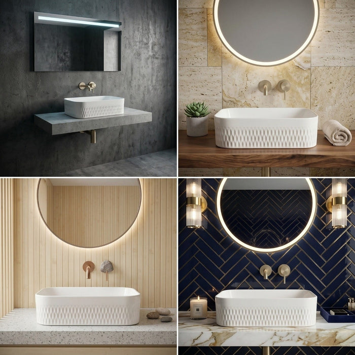 Bassino White Textured Rectangular Countertop Wash Basin 
