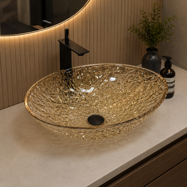 Bassino 20" × 14" Amber Crystal Glass Table Top Wash Basin – Textured Luxury Design