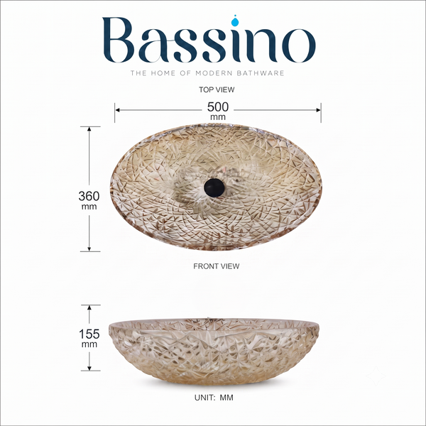 Bassino 20" × 14" Amber Crystal Glass Table Top Wash Basin – Textured Luxury Design