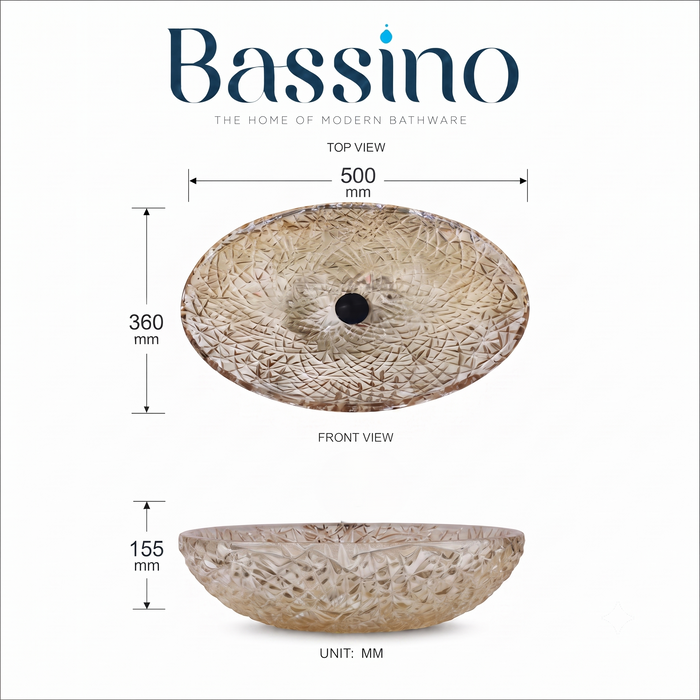 Bassino amber crystal glass table top wash basin 500x360x155 mm with textured faceted oval design for luxury modern bathroom countertop.