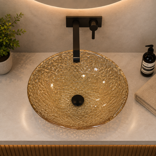 Bassino 20" × 14" Amber Crystal Glass Table Top Wash Basin – Textured Luxury Design