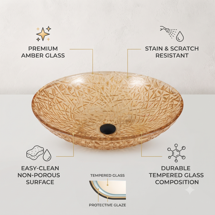 Bassino amber crystal glass table top wash basin 500x360x155 mm with textured faceted oval design for luxury modern bathroom countertop.