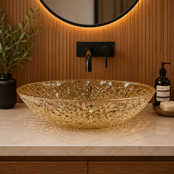 Bassino 20" × 14" Amber Crystal Glass Table Top Wash Basin – Textured Luxury Design