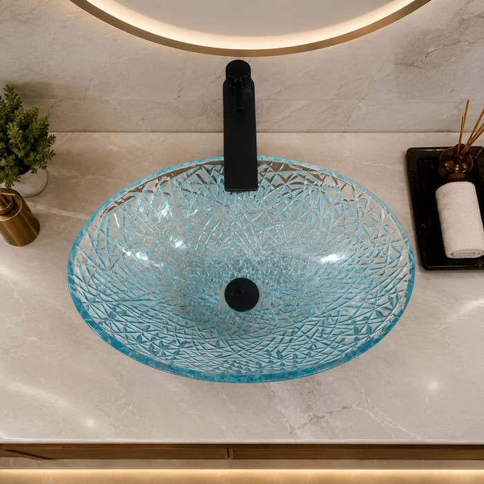 Bassino aqua blue textured glass table top wash basin, 500 x 360 x 155 mm oval countertop basin for modern luxury bathrooms