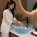 Bassino aqua blue textured glass table top wash basin, 500 x 360 x 155 mm oval countertop basin for modern luxury bathrooms