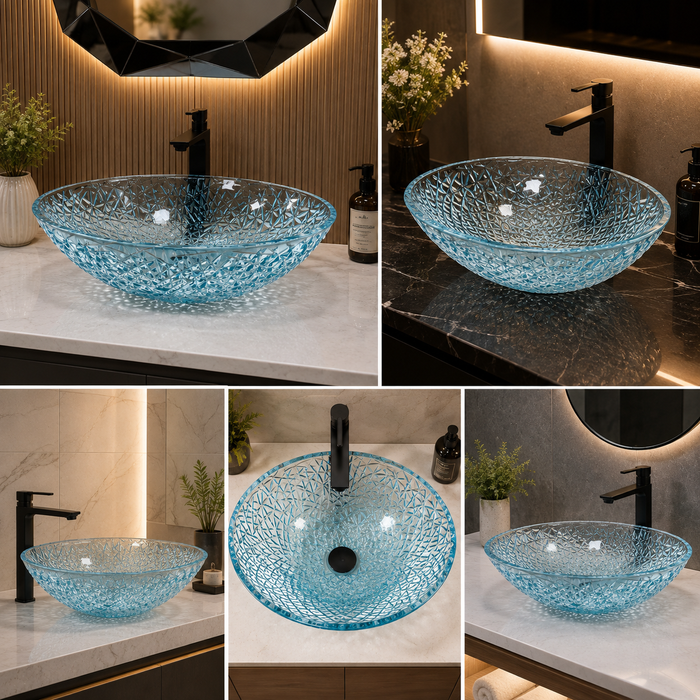 Bassino aqua blue textured glass table top wash basin, 500 x 360 x 155 mm oval countertop basin for modern luxury bathrooms