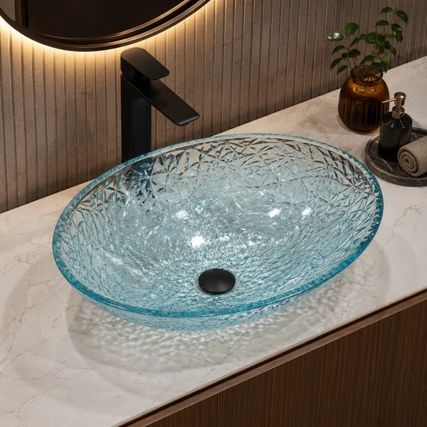 Bassino Aqua Blue Textured Glass Table Top Wash Basin – 19.7 × 14.2 × 6.1 Inch Oval Countertop Basin for Modern Luxury Bathroom