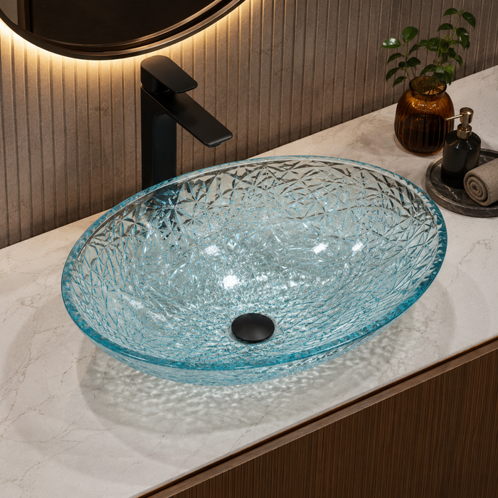 Bassino aqua blue textured glass table top wash basin, 500 x 360 x 155 mm oval countertop basin for modern luxury bathrooms