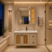 Bassino beige bathroom vanity set with ceramic basin, LED mirror cabinet and cane-style doors