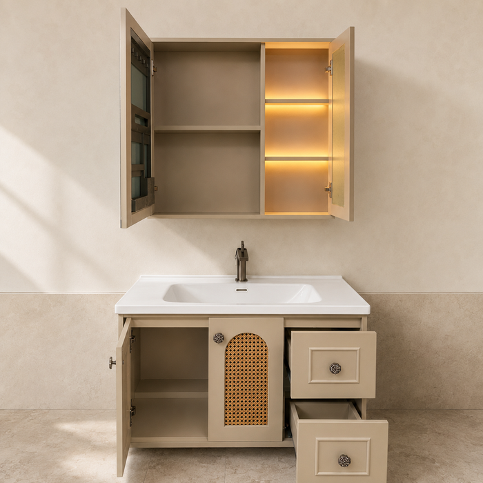 Bassino beige bathroom vanity set with ceramic basin, LED mirror cabinet and cane-style doors