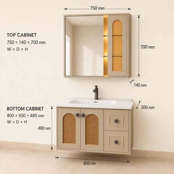 Beige Bathroom Vanity Set with Ceramic Basin, LED Mirror Cabinet & Cane-Style Storage