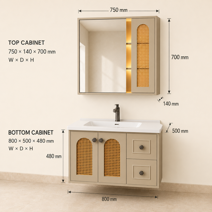 Bassino beige bathroom vanity set with ceramic basin, LED mirror cabinet and cane-style doors