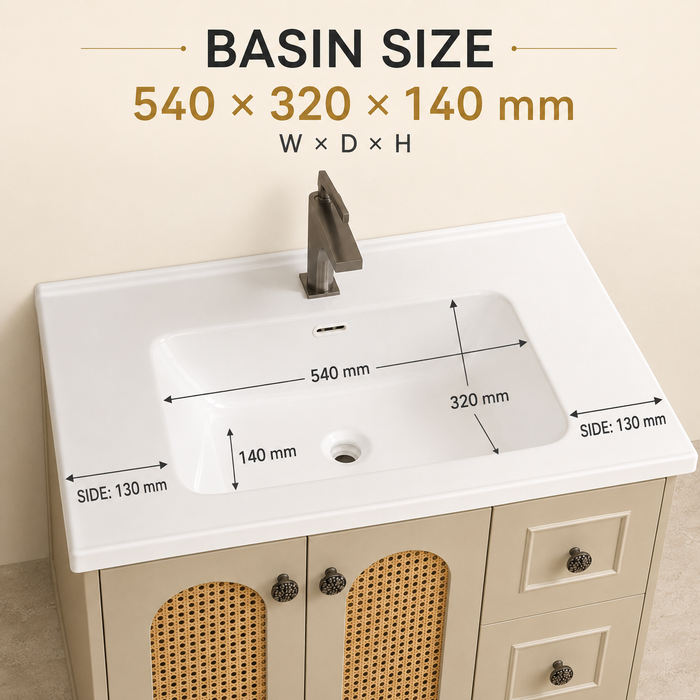 Bassino beige bathroom vanity set with ceramic basin, LED mirror cabinet and cane-style doors