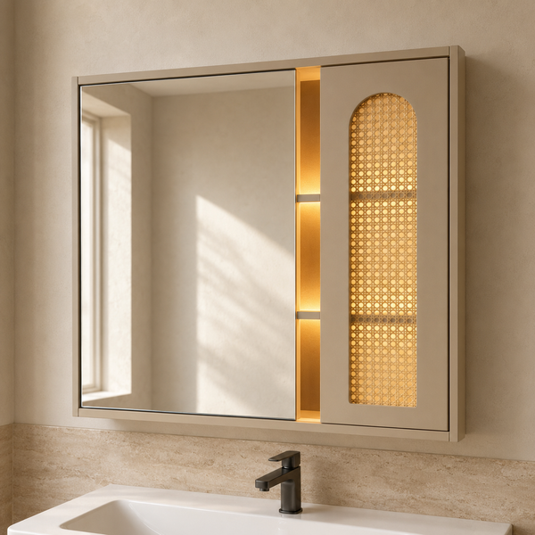 Beige Bathroom Vanity Set with Ceramic Basin, LED Mirror Cabinet & Cane-Style Storage