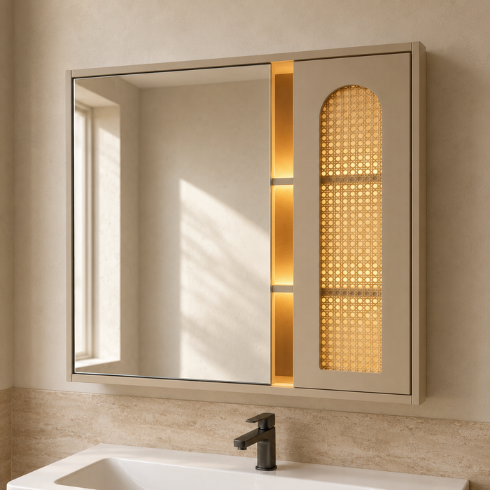 Bassino beige bathroom vanity set with ceramic basin, LED mirror cabinet and cane-style doors