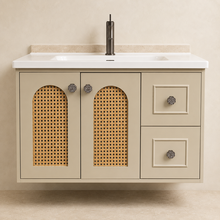 Bassino beige bathroom vanity set with ceramic basin, LED mirror cabinet and cane-style doors