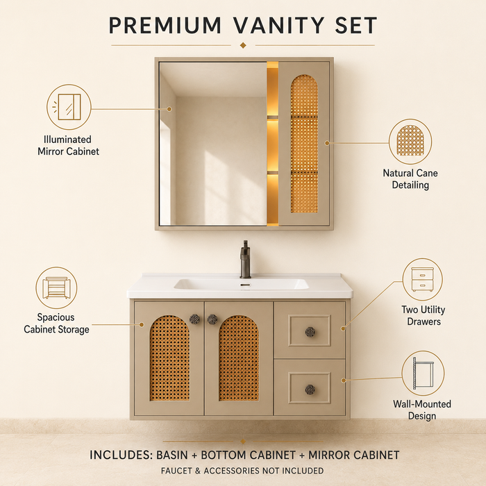 Bassino beige bathroom vanity set with ceramic basin, LED mirror cabinet and cane-style doors