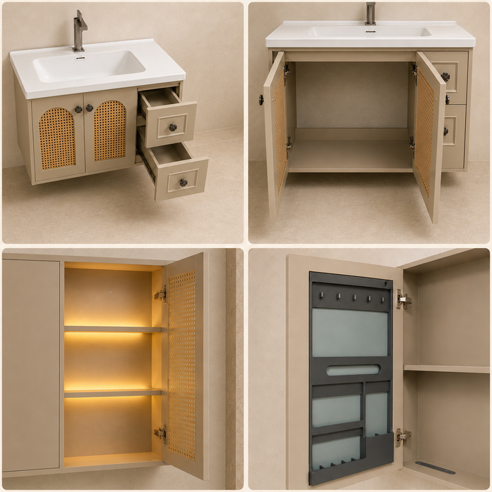 Bassino beige bathroom vanity set with ceramic basin, LED mirror cabinet and cane-style doors