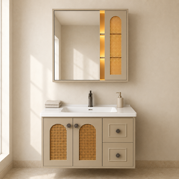 Beige Bathroom Vanity Set with Ceramic Basin, LED Mirror Cabinet & Cane-Style Storage