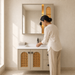 Bassino beige bathroom vanity set with ceramic basin, LED mirror cabinet and cane-style doors