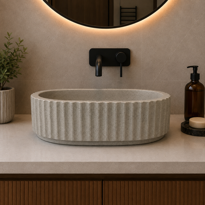 Bassino beige fluted table top wash basin 485 × 355 × 135 mm with textured ribbed design for modern luxury bathroom countertops.