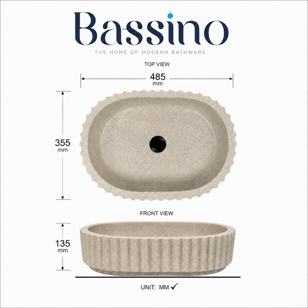 Beige Fluted Designer Artificial Stone Table Top Wash Basin – 19 × 14 × 5 Inch | Modern Countertop Basin