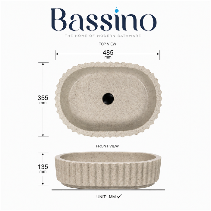 Bassino beige fluted table top wash basin 485 × 355 × 135 mm with textured ribbed design for modern luxury bathroom countertops.