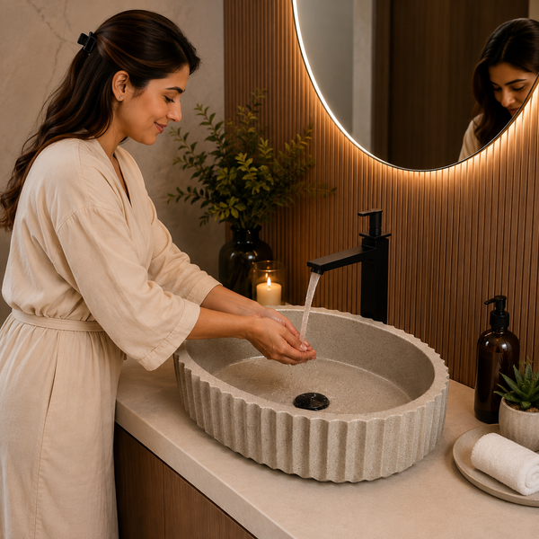 Beige Fluted Designer Artificial Stone Table Top Wash Basin – 19 × 14 × 5 Inch | Modern Countertop Basin