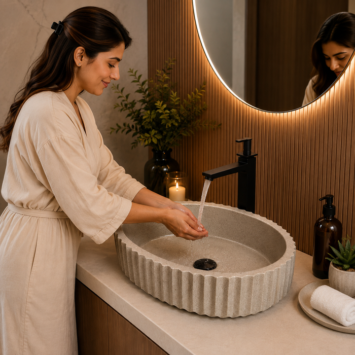 Bassino beige fluted table top wash basin 485 × 355 × 135 mm with textured ribbed design for modern luxury bathroom countertops.