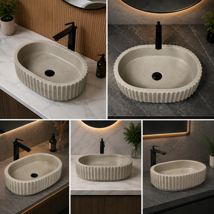 Bassino beige fluted table top wash basin 485 × 355 × 135 mm with textured ribbed design for modern luxury bathroom countertops.
