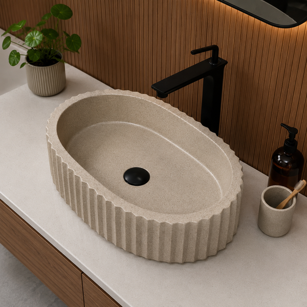 Beige Fluted Designer Artificial Stone Table Top Wash Basin – 19 × 14 × 5 Inch | Modern Countertop Basin