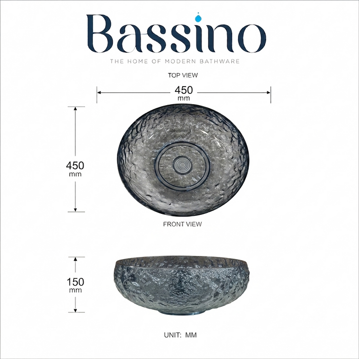 Bassino blue textured glass table top wash basin 450x450x150 mm round transparent designer basin for modern luxury bathroom countertop.